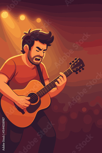 Energetic cartoon guitarist performing live on stage with acoustic guitar, dramatic concert lighting, vibrant crowd background, music performance vector illustration, modern entertainment scene