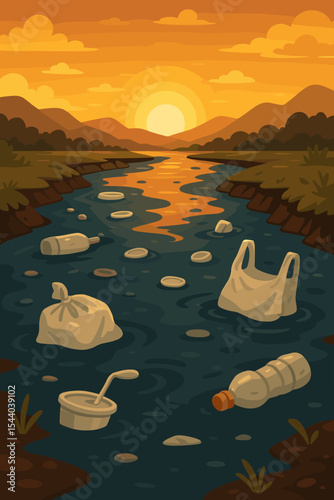 River pollution at sunset with plastic waste, garbage bags, bottles, straws, environmental crisis, water contamination, littered landscape, eco disaster, vector illustration, no text