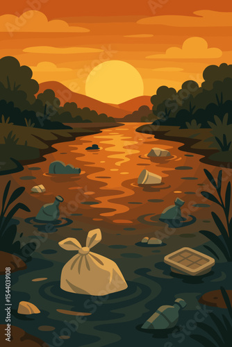 Plastic pollution in river at sunset, environmental crisis concept. Vector illustration of water contaminated by garbage, bottles, bags, foam, landscape, nature damage, ecological disaster