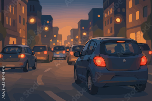 Evening city traffic jam with cars, illuminated taillights, urban street, dusk lighting, busy downtown road, soft focus, vector illustration, cartoon cityscape, metropolitan commute scene