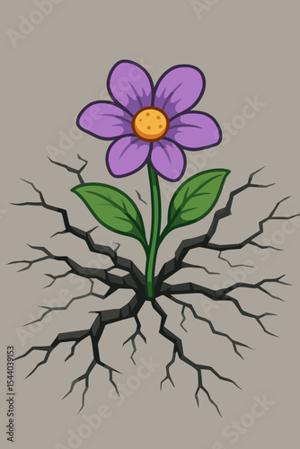 Vibrant purple flower blooming through cracked concrete ground, symbolizing resilience, growth, overcoming adversity, hope, nature strength, persistence, urban survival, cartoon vector illustration