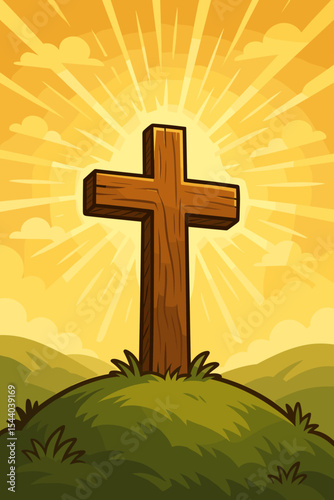 Wooden cross on hill with radiant sunbeams, symbolizing Christian faith, hope, resurrection, spirituality, sunrise, Easter morning, inspirational religious vector cartoon illustration
