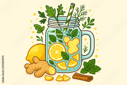 Fresh Detox Water with Ginger, Lemon, Mint, Parsley, Cinnamon, Herbs and Citrus Slices in Jar. Healthy Beverage Cartoon Vector Illustration for Summer, Diet, Organic Drink, Refreshment Concept