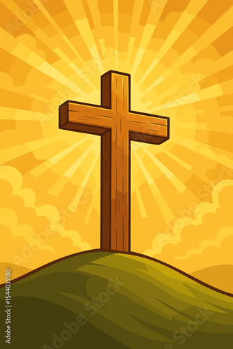 Wooden Christian cross on grassy hill with radiant sunbeams, glowing golden sky, cartoon vector faith hope resurrection concept, religious Easter sunrise, inspirational spirituality illustration
