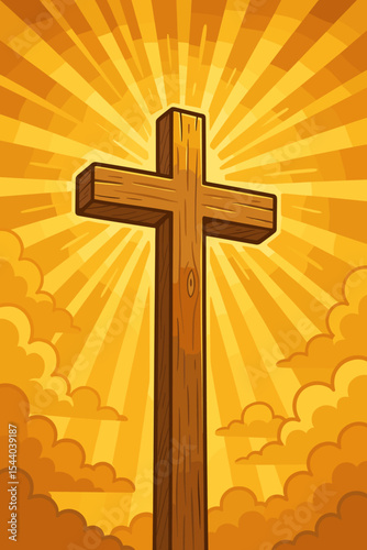 Glowing Wooden Cross Radiating Sunbeams in Golden Sky, Symbol of Hope, Faith, Christianity, Resurrection, Spiritual Light, Clouds, Religious Inspiration, Cartoon Vector Illustration