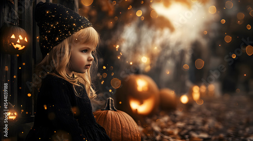 A young girl in a witch costume stands near pumpkins and glowing jack-o'-lanterns, looking off into the distance. Magical Halloween scene.