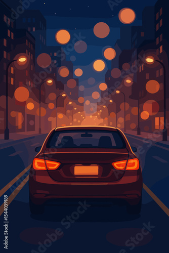 Rear view car driving through illuminated city street at night, glowing streetlights, bokeh blur, urban road journey, evening traffic, modern downtown, nightscape vector illustration