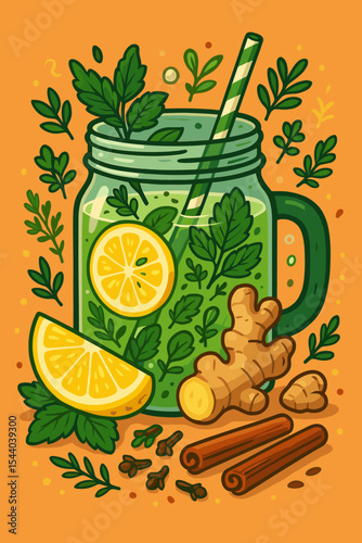 Ginger Lemon Detox Water with Fresh Herbs, Spices and Citrus Slice in Mason Jar. Vitamin Drink, Parsley, Ginger Root, Cinnamon Stick, Clove, Healthy Beverage Vector Cartoon Illustration