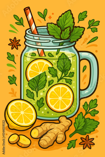 Detox water with fresh ginger, lemon slices, mint, parsley, star anise, and vibrant herbs in mason jar. Healthy summer drink. Cartoon vector illustration. Refreshing beverage concept