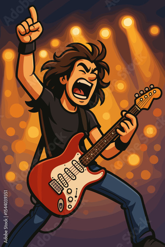 Energetic cartoon rock guitarist performing live with electric guitar on concert stage, dynamic pose, dramatic lighting, music performance, vibrant bokeh background, vector illustration