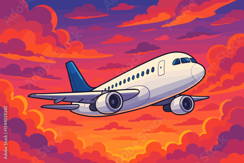 Commercial Passenger Airplane Flying Through Vibrant Sunset Clouds in a Colorful Sky. Bright Cartoon Vector Illustration of Jet Aircraft on a Journey, Ideal for Travel and Aviation Concepts.