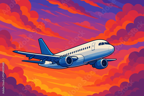Airplane Flying Through Vibrant Sunset Clouds in Colorful Sky, Vector Cartoon Illustration of Passenger Jet Aircraft Soaring Over Dramatic Evening Atmosphere