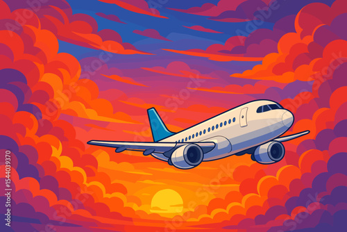 Passenger airplane flying high through a breathtakingly vibrant sunset sky. Dynamic cartoon vector illustration of a jet soaring above colorful, dramatic clouds. Air travel adventure.