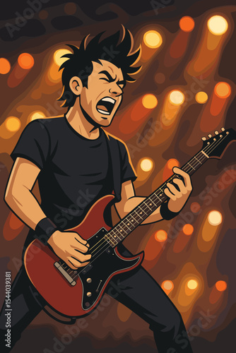 Dynamic rock guitarist playing electric guitar on stage, energetic concert performance, music festival, spotlight, glowing lights, vector cartoon illustration, live band entertainment
