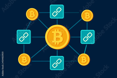 Decentralized Bitcoin Cryptocurrency Blockchain Network Illustration. Digital Financial Technology, Secure Transaction System, Global Distributed Ledger Concept. Connected Assets.