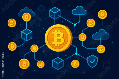 Bitcoin Cryptocurrency Blockchain Technology Network. Digital Decentralized Online Virtual Finance Secure Transaction System. Modern Internet Economy Concept Vector Illustration.
