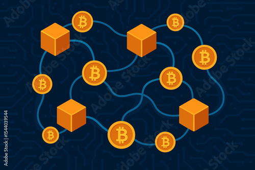 Blockchain Technology and Bitcoin Cryptocurrency Network on Digital Circuit Board Background. Secure Decentralized Digital Ledger with Connected Blocks and Coins. Financial Vector Art.