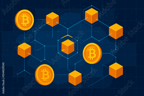 Blockchain technology background with golden Bitcoin cryptocurrency coins and abstract digital network connections on a dark blue background. Distributed ledger financial system concept illustration.