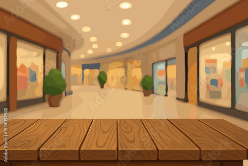 Wooden table top with blurred shopping mall interior background. Empty wood counter for product display montage. Vector cartoon illustration of a retail store or shop backdrop.