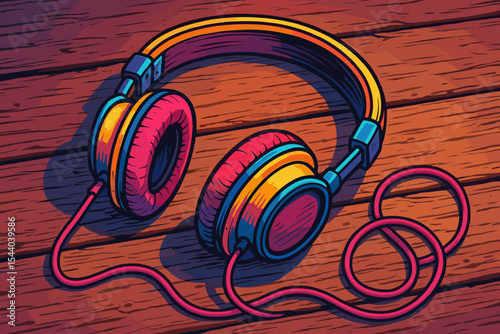 Vibrant retro headphones on wood surface. Colorful cartoon vector illustration. Vintage wired earphones with vivid highlights. Music listening concept. Pop art style for audio design.