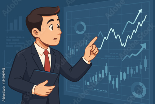Confident businessman analyzing virtual financial market data, economic growth trends, investment strategies on a large digital screen, pointing at dynamic stock charts and business graphs.