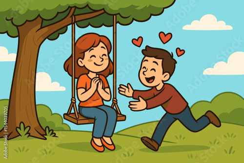 Cute Romantic Couple in Love Outdoor Scene, Boy Running to Girl on Tree Swing, Hearts, Happiness, Affection, Joyful Relationship, Happy Cartoon Characters, Spring Park Landscape Vector Illustration
