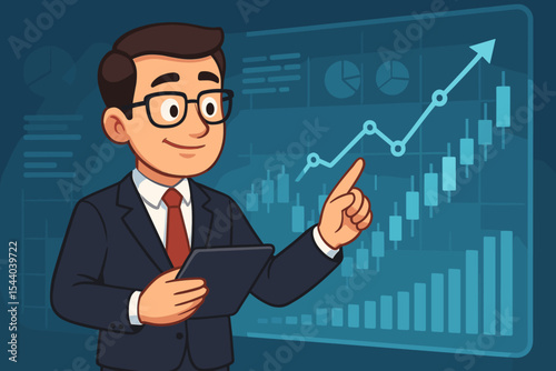 Cartoon Businessman Analyzing Virtual Stock Market Graph, Financial Data on Digital Screen. Vector Illustration of Investment Growth, Economic Success, Business Strategy, and Financial Analysis.