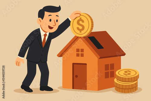 Businessman depositing money coins into house, real estate investment concept. Man saving finances for home ownership, property mortgage and building wealth. Vector cartoon illustration.