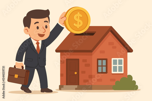 Businessman investing in real estate, putting a gold dollar coin into a house piggy bank. Financial concept for home savings, property purchase, mortgage, and wealth accumulation.