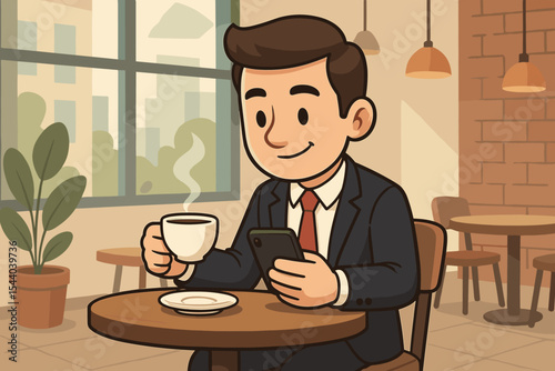Businessman enjoying coffee and browsing smartphone in a modern urban cafe, professional man smiling during a business break, connected with technology, digital communication lifestyle vector cartoon.