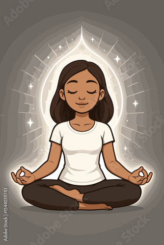 Peaceful woman practicing meditation in lotus pose, glowing spiritual aura, radiant energy, mindfulness, calm zen yoga, inner peace, relaxation, wellness, modern vector illustration