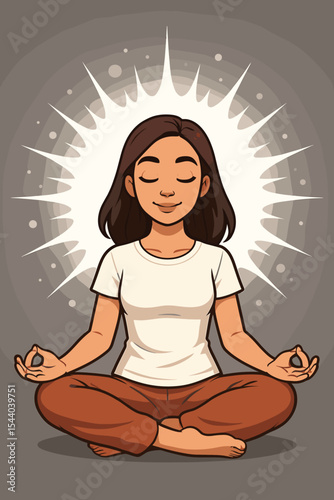 Tranquil Woman Meditating in Lotus Pose, Radiating Calm White Energy Aura, Mindfulness Practice, Inner Peace, Spiritual Enlightenment, Modern Yoga Vector on Neutral Gray Studio Background
