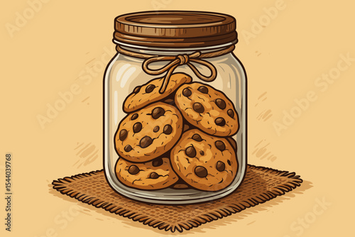 Delicious chocolate chip cookies in rustic glass jar with burlap mat. Homemade bakery treat. Vector cartoon illustration. Fresh dessert, snack, sweet food concept. Cozy kitchen decoration.