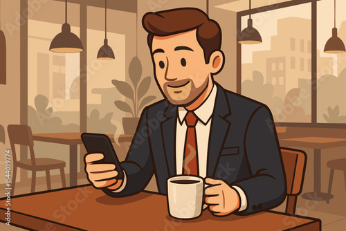 Businessman in suit enjoying a coffee break in a modern cafe, browsing a smartphone. Male professional working remotely or checking social media. Urban lifestyle vector illustration.