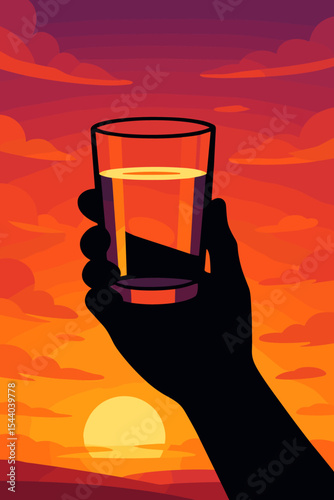 Silhouette hand holding glass of clear drinking water in dramatic sunset sky. Vibrant orange and purple clouds. Refreshment, hydration, summer evening, hope concept. Vector illustration