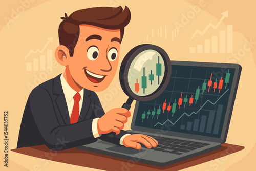 Happy businessman analyzing stock market data on laptop with magnifying glass for investment strategy, trading analytics, financial growth, and profit research. Vector cartoon illustration.