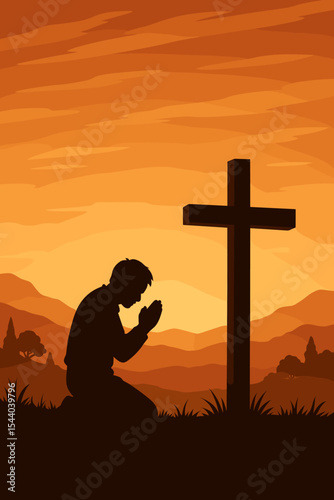 Silhouette man praying at cross in tranquil sunset landscape. Christian prayer, faith, hope, religious devotion, worship at nature sunrise. Spiritual vector illustration, peaceful meditation scene