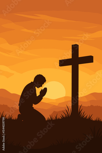 Silhouette of man kneeling in prayer before Christian cross at sunset, faith hope forgiveness, spiritual meditation, religious devotion in tranquil rural landscape vector illustration
