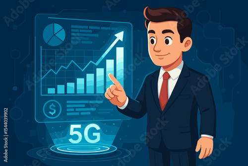 Dynamic businessman interacting with vibrant 5G holographic display showcasing accelerating business growth, financial data analysis, and market success. Futuristic digital technology investment.