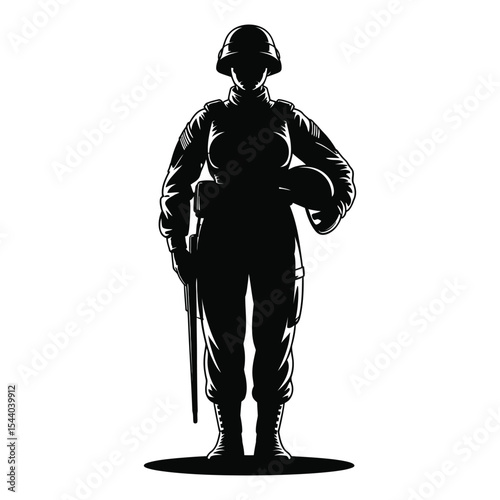 Female soldier silhouette standing at attention isolated on white background
