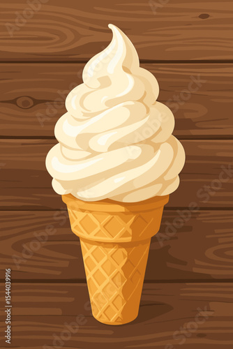 Creamy vanilla soft serve ice cream cone with waffle cone on rustic wooden background. Sweet dessert, summer treat, dairy food, swirl texture. Realistic vector cartoon illustration for menu design