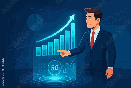 Businessman analyzing glowing financial chart on a futuristic holographic interface. Concept of business growth, stock market investment, and data analysis success with 5G technology.