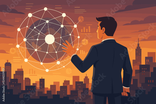 Businessman interacting with a global network and data analytics interface. Futuristic technology, big data visualization, and financial statistics concept on a cityscape background.