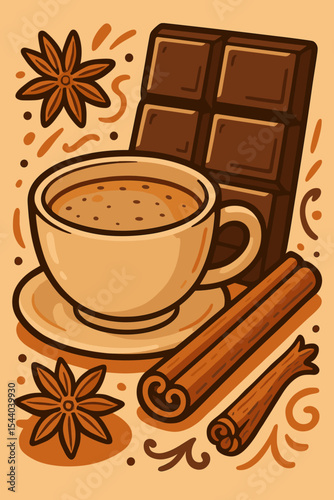 Masala chai chocolate drink with cinnamon sticks, star anise, and dark chocolate bar. Spiced beverage in cup and saucer. Aromatic hot drink. Cozy warm autumn winter vector cartoon illustration
