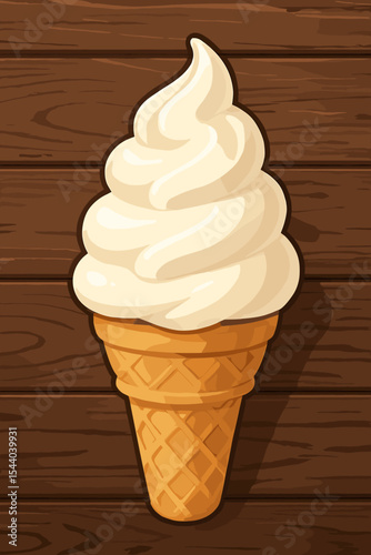 Classic vanilla soft serve ice cream cone with creamy swirl, waffle cone and rustic wood background. Summer dessert, dairy sweet treat, vector cartoon illustration for menu and packaging design
