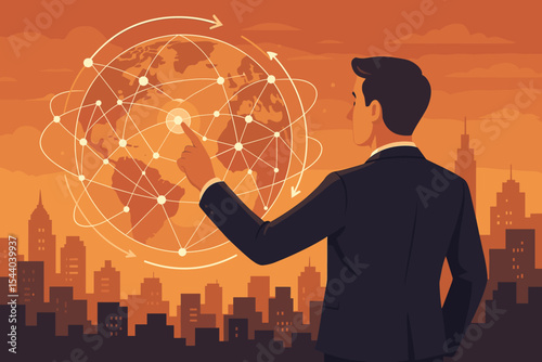 Businessman Interacting with Global Network Connections and Data Exchange Visualization over Cityscape Sunset, Digital Technology, Internet of Things, Modern Business Concept Vector Illustration