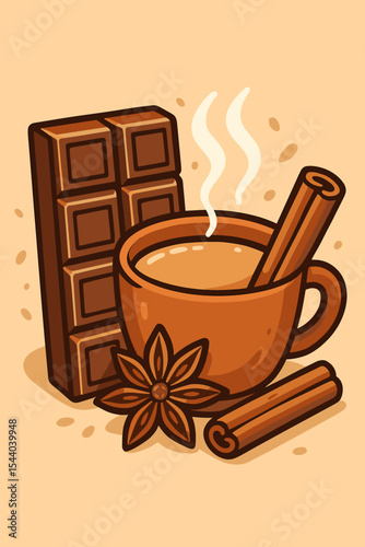 Hot Spiced Masala Chai with Chocolate Bar, Star Anise, and Cinnamon Stick. Cozy Winter Beverage Vector Illustration. Aromatic Warm Drink Ingredients. Cartoon Food and Spice Art Design