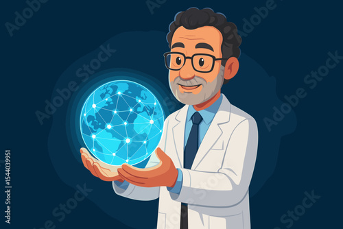 Scientist in lab coat holding glowing digital globe with interconnected network nodes, global technology innovation, data science, artificial intelligence, future science concept illustration