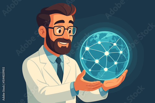Scientist in lab coat holding glowing interconnected globe, global network, science research, innovation, technology communication, digital world data, futuristic vector illustration