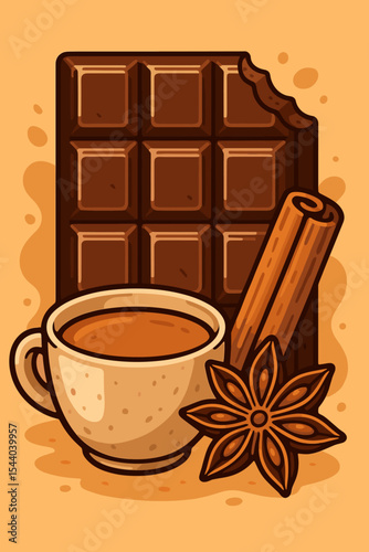 Masala chai spiced chocolate bar with cinnamon stick and star anise. Hot beverage in cup. Aromatic winter drink ingredients. Cozy vector illustration for cafe, confectionery, dessert, cocoa recipes